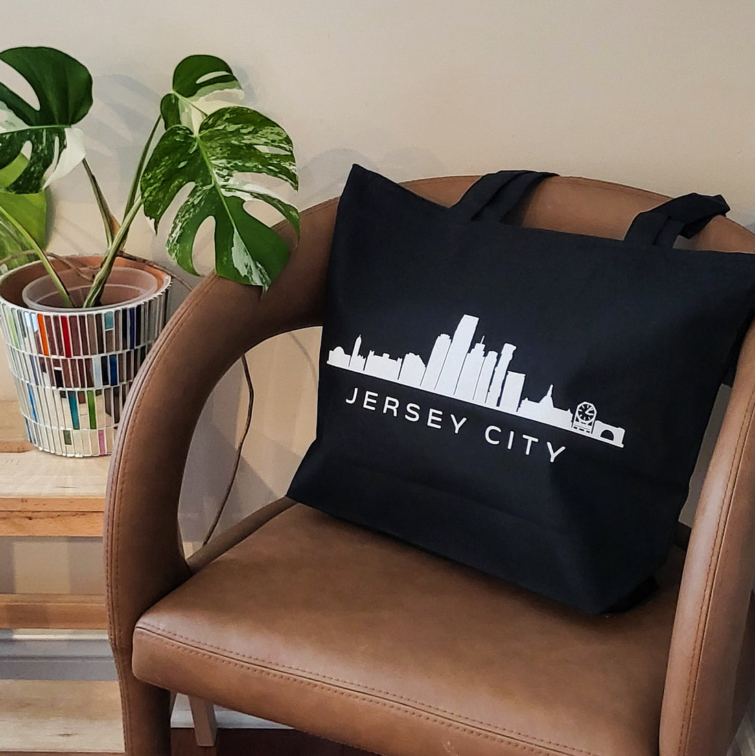 Jersey City Skyline Tote Bag | Zippered Tote Bag | Heavy Canvas | Black