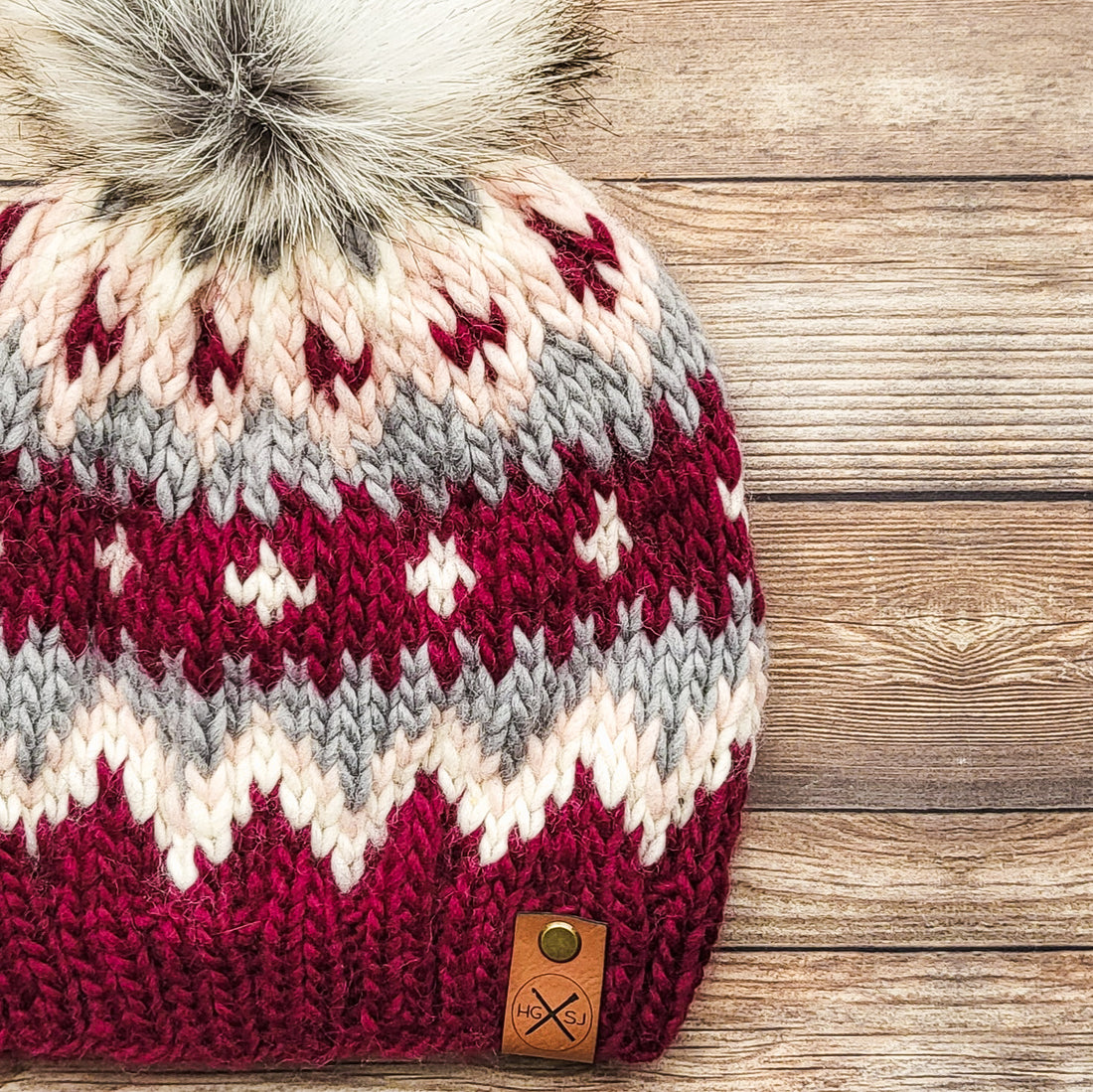 The BERNIE Beanie | Fair Isle Knit Beanie | Peruvian Highland Wool | Wine/Millenial Pink/Natural/Grey