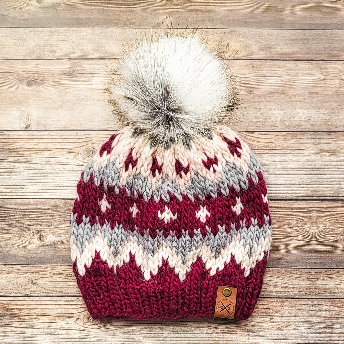 The BERNIE Beanie | Fair Isle Knit Beanie | Peruvian Highland Wool | Wine/Millenial Pink/Natural/Grey