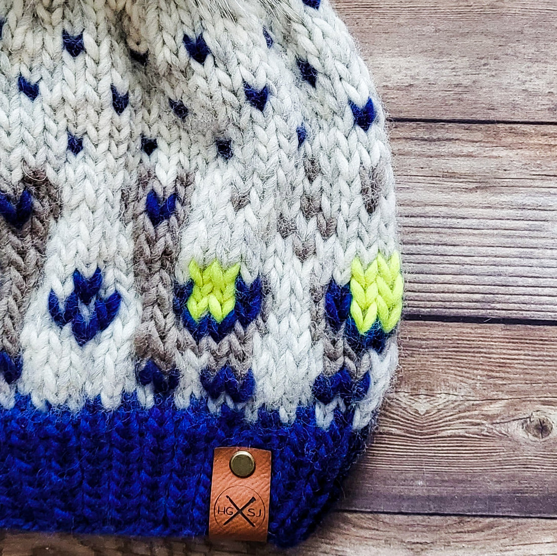 The Llama Love Beanie | Peruvian Highland Wool | Navy Blue/Spotted Grey/Taupe/Neon Yellow