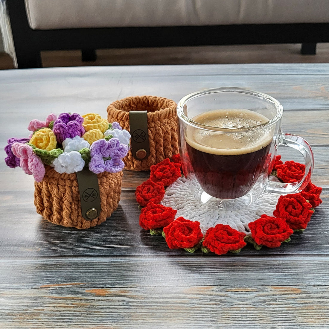 Crochet Flower Pot Coaster Set | Crochet Flower Bouquet Coaster