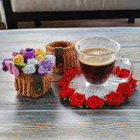 Crochet Flower Pot Coaster Set | Crochet Flower Bouquet Coaster