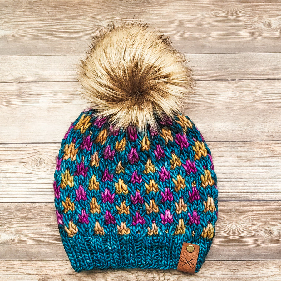 The RENZO Beanie | Colorwork Beanie | Merino Wool | Teal Feather/Borraja/Tabacos