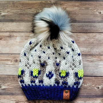 The Llama Love Beanie | Peruvian Highland Wool | Navy Blue/Spotted Grey/Taupe/Neon Yellow