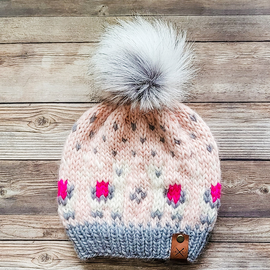 Llama Love Beanie | Peruvian Highland Wool | Grey/Millenial Pink/Natural/Hot Pink